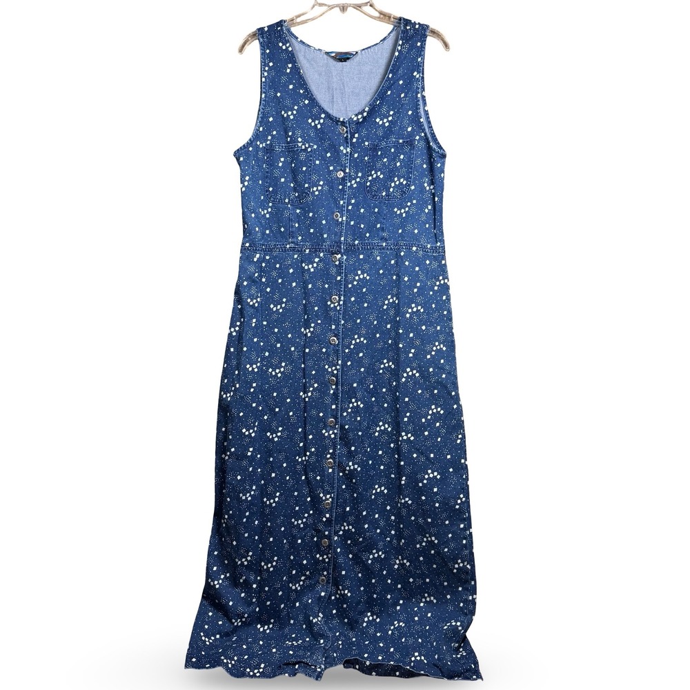 VTG Denim Dress Women's Large L Sleeveless Button Front Cinched Back Buckle Maxi
